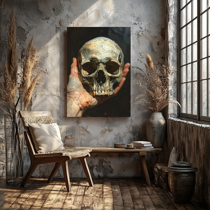 Skull in Hand Canvas – Dramatic Mortality & Shakespearean Symbolism Wall Art - Gifitto