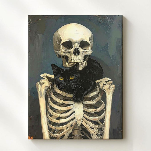 Skeleton with Black Cat Canvas – Gothic Companionship & Quiet Halloween Charm - Gifitto