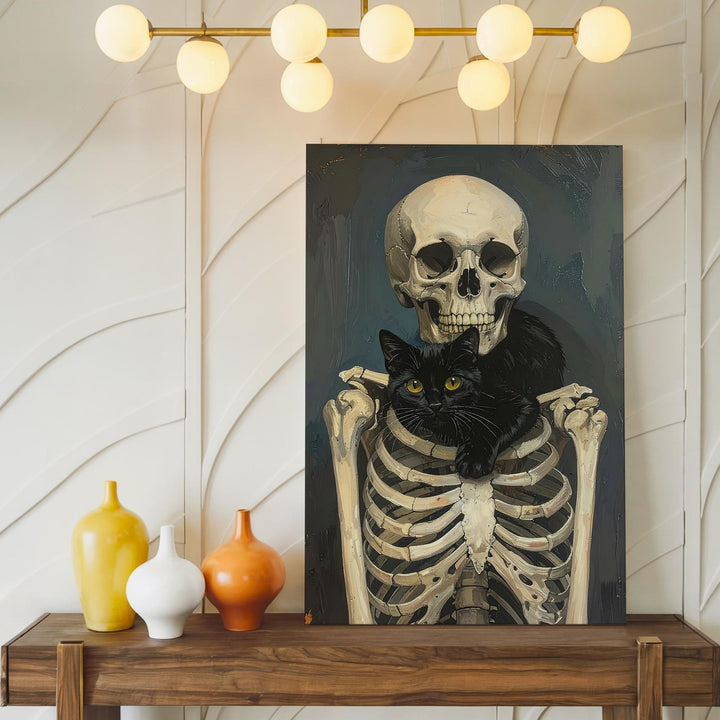 Skeleton with Black Cat Canvas – Gothic Companionship & Quiet Halloween Charm - Gifitto