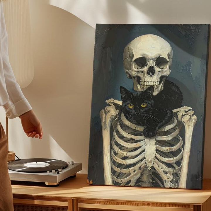 Skeleton with Black Cat Canvas – Gothic Companionship & Quiet Halloween Charm - Gifitto