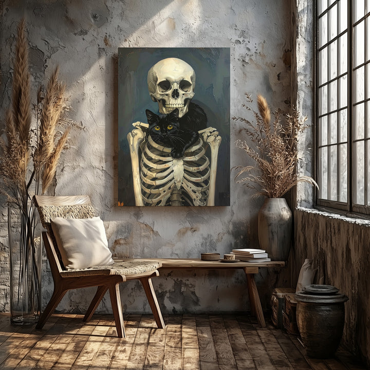 Skeleton with Black Cat Canvas – Gothic Companionship & Quiet Halloween Charm - Gifitto