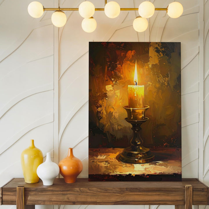 Solitary Candle Glow Canvas – Intimate Brass Holder & Flame Wall Art - Gifitto