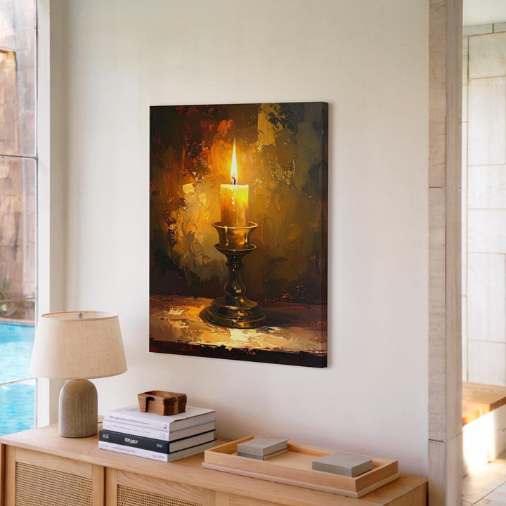 Solitary Candle Glow Canvas – Intimate Brass Holder & Flame Wall Art - Gifitto