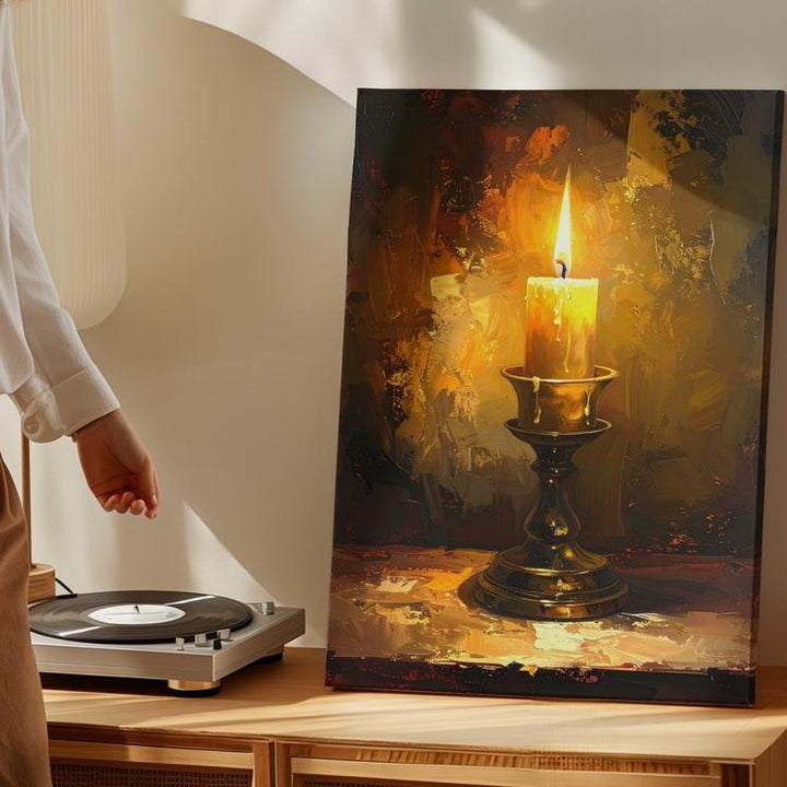 Solitary Candle Glow Canvas – Intimate Brass Holder & Flame Wall Art - Gifitto