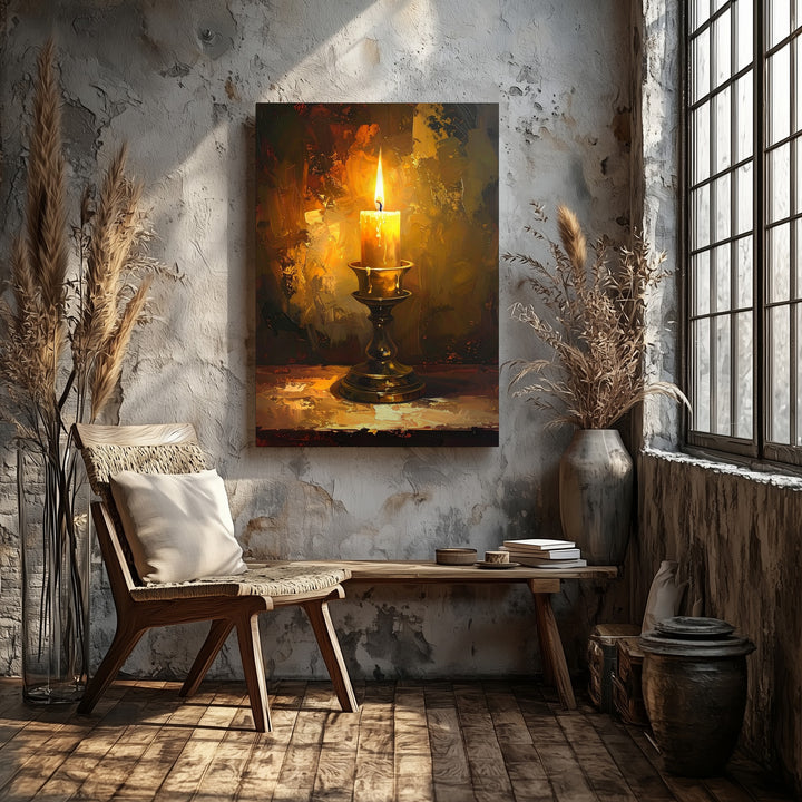 Solitary Candle Glow Canvas – Intimate Brass Holder & Flame Wall Art - Gifitto