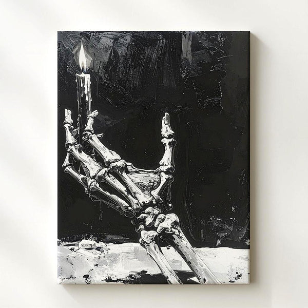 Skeletal Hand with Candle Canvas – Minimalist Gothic Light in Darkness Art - Gifitto