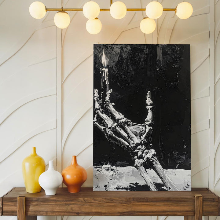 Skeletal Hand with Candle Canvas – Minimalist Gothic Light in Darkness Art - Gifitto