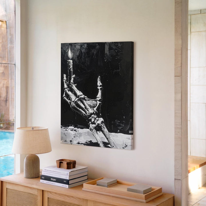 Skeletal Hand with Candle Canvas – Minimalist Gothic Light in Darkness Art - Gifitto