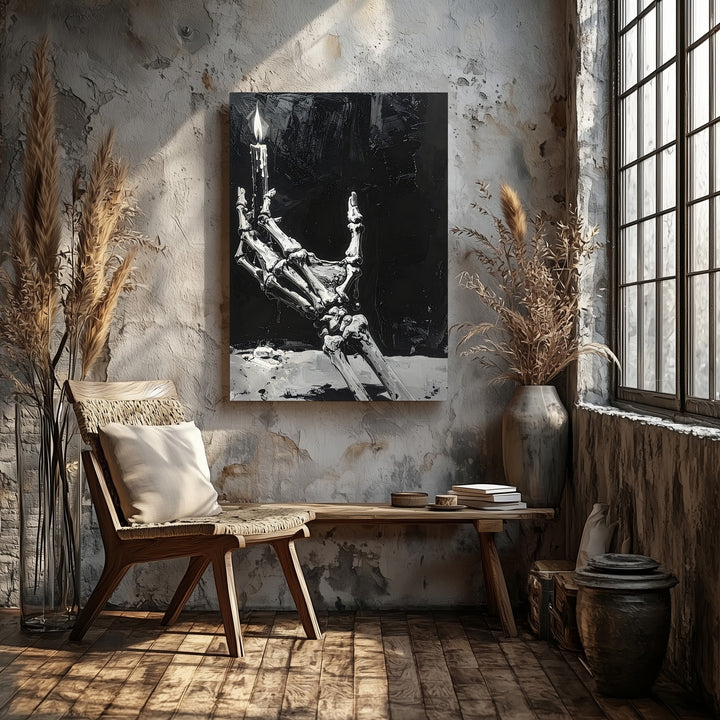 Skeletal Hand with Candle Canvas – Minimalist Gothic Light in Darkness Art - Gifitto