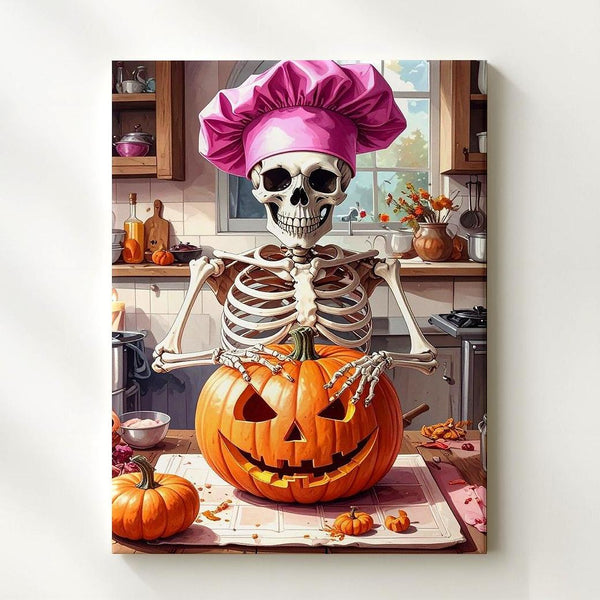 Pink-Hatted Skeleton Chef Canvas – Vintage Halloween Kitchen Wall Art - Gifitto