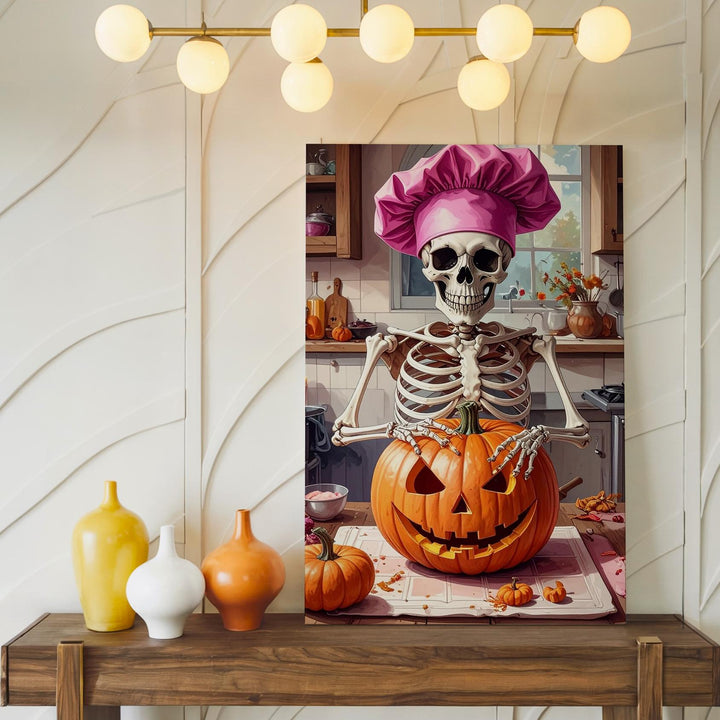 Pink-Hatted Skeleton Chef Canvas – Vintage Halloween Kitchen Wall Art - Gifitto