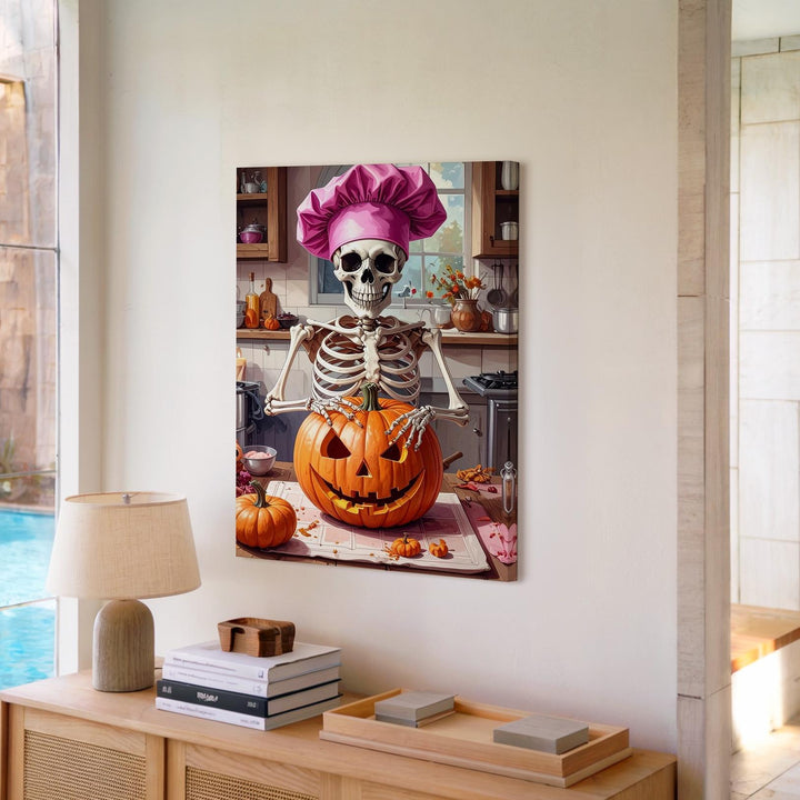 Pink-Hatted Skeleton Chef Canvas – Vintage Halloween Kitchen Wall Art - Gifitto