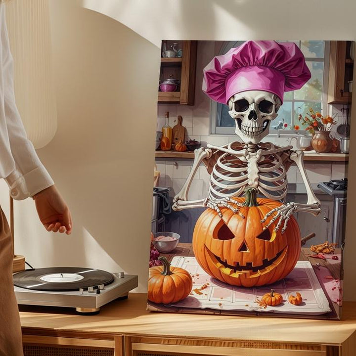 Pink-Hatted Skeleton Chef Canvas – Vintage Halloween Kitchen Wall Art - Gifitto