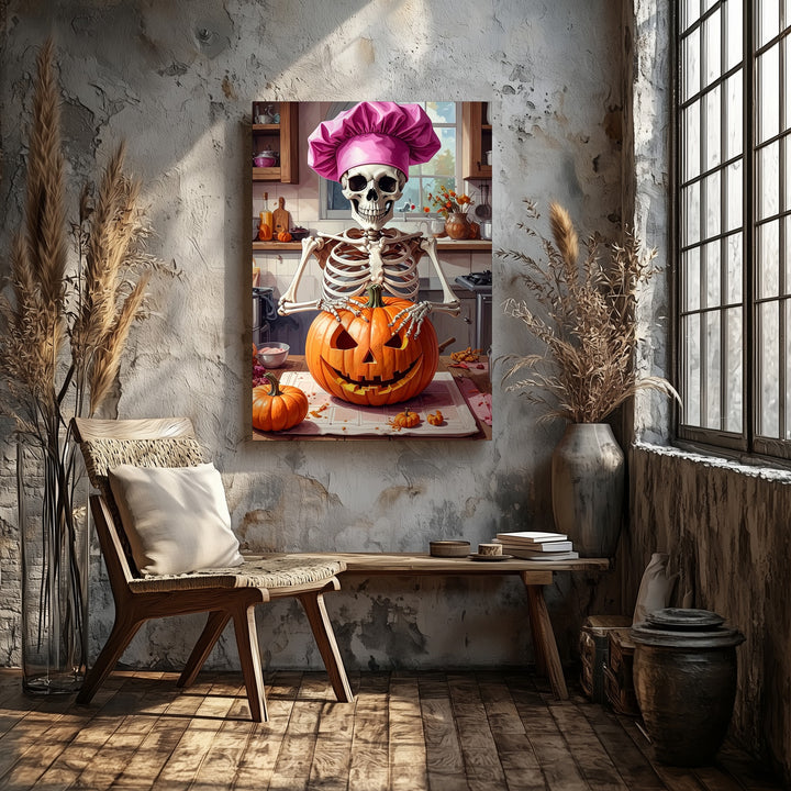 Pink-Hatted Skeleton Chef Canvas – Vintage Halloween Kitchen Wall Art - Gifitto