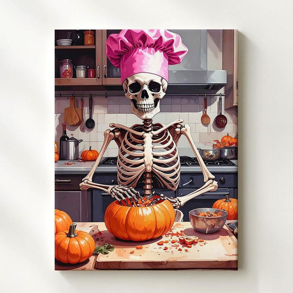 Skeleton Chef Canvas – Pink Hat & Spooky Culinary Humor Art - Gifitto