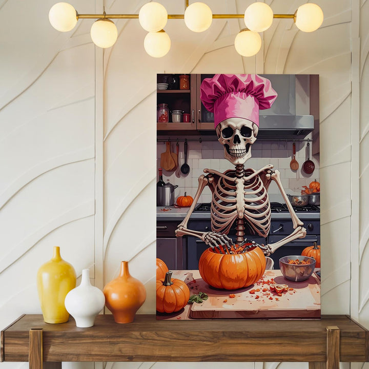 Skeleton Chef Canvas – Pink Hat & Spooky Culinary Humor Art - Gifitto