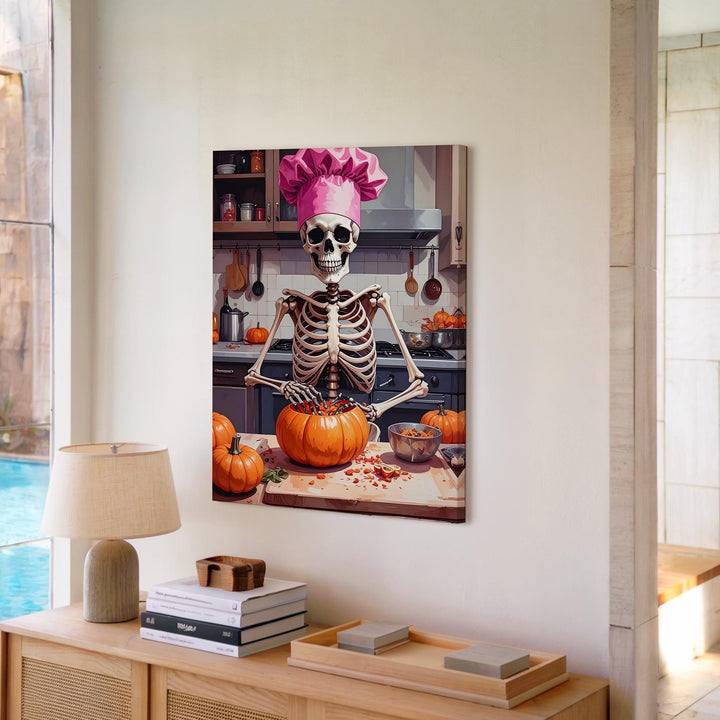 Skeleton Chef Canvas – Pink Hat & Spooky Culinary Humor Art - Gifitto