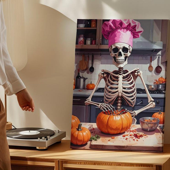 Skeleton Chef Canvas – Pink Hat & Spooky Culinary Humor Art - Gifitto