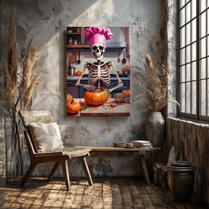 Skeleton Chef Canvas – Pink Hat & Spooky Culinary Humor Art - Gifitto