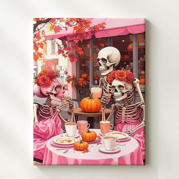 Skeleton Couple at Pink Café Canvas – Cozy Halloween Art with Pumpkin Spice Vibes - Gifitto