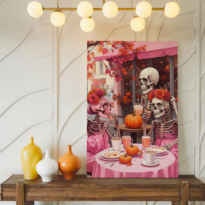 Skeleton Couple at Pink Café Canvas – Cozy Halloween Art with Pumpkin Spice Vibes - Gifitto