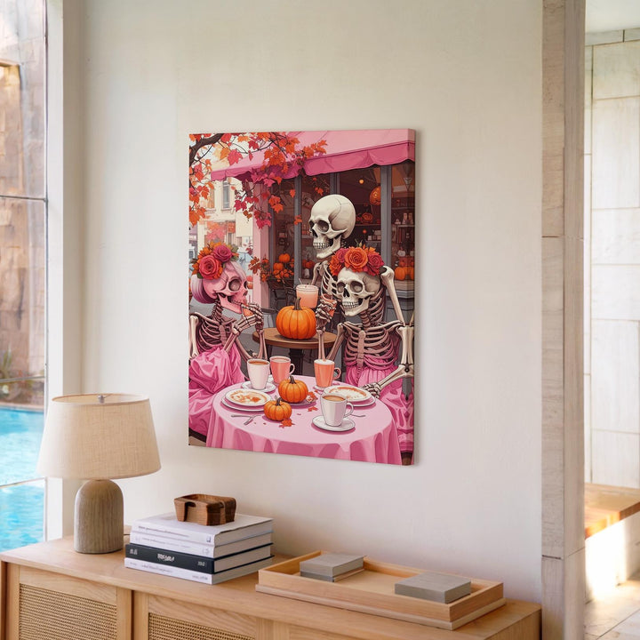 Skeleton Couple at Pink Café Canvas – Cozy Halloween Art with Pumpkin Spice Vibes - Gifitto