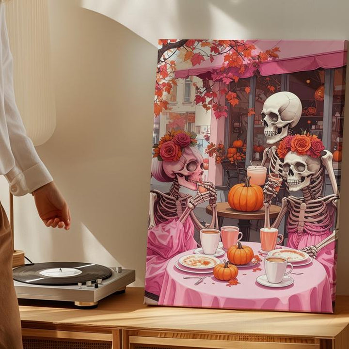 Skeleton Couple at Pink Café Canvas – Cozy Halloween Art with Pumpkin Spice Vibes - Gifitto