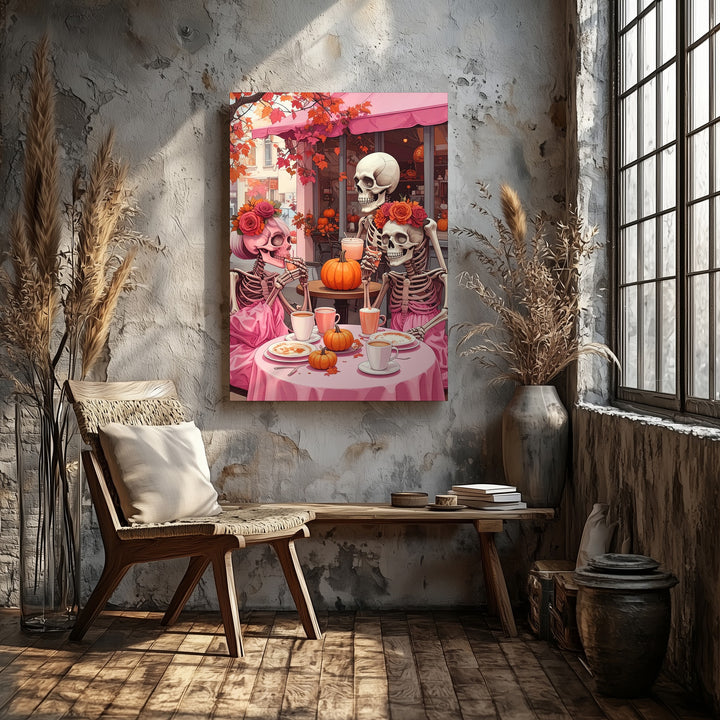 Skeleton Couple at Pink Café Canvas – Cozy Halloween Art with Pumpkin Spice Vibes - Gifitto