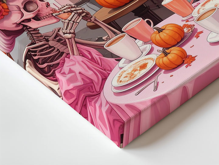 Skeleton Couple at Pink Café Canvas – Cozy Halloween Art with Pumpkin Spice Vibes - Gifitto