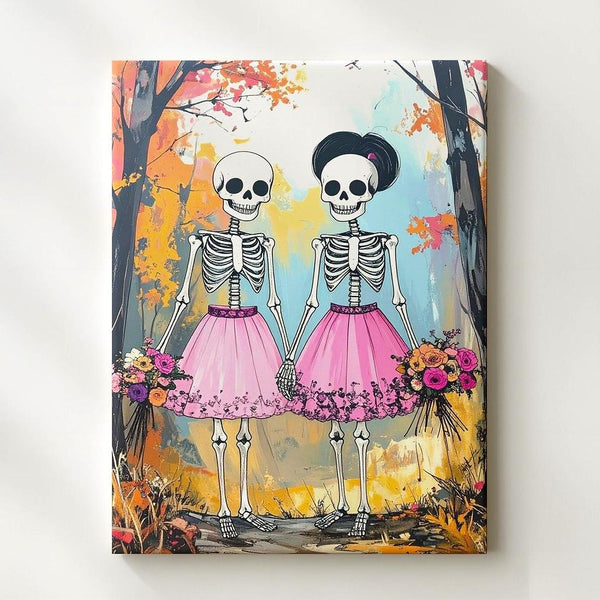 Skeleton Couple in Pink Skirts Canvas – Romantic Fall Halloween Portrait Art - Gifitto