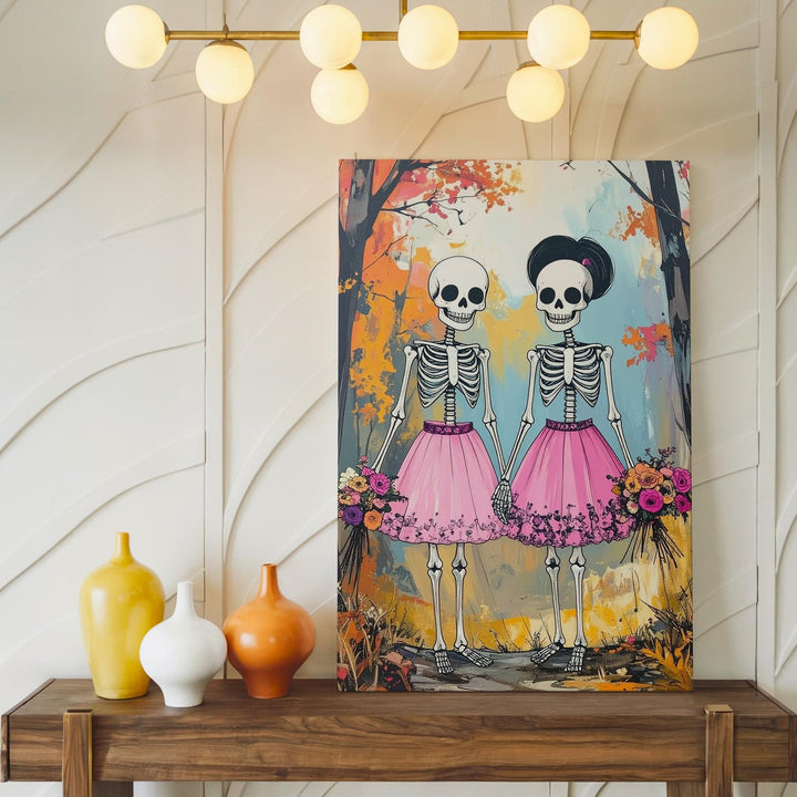 Skeleton Couple in Pink Skirts Canvas – Romantic Fall Halloween Portrait Art - Gifitto
