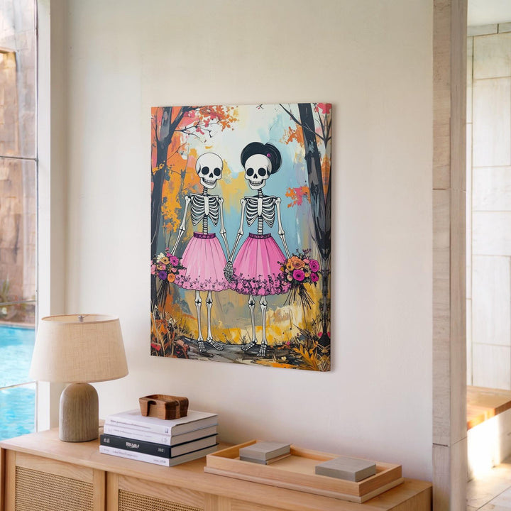 Skeleton Couple in Pink Skirts Canvas – Romantic Fall Halloween Portrait Art - Gifitto