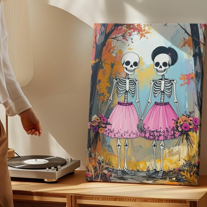 Skeleton Couple in Pink Skirts Canvas – Romantic Fall Halloween Portrait Art - Gifitto