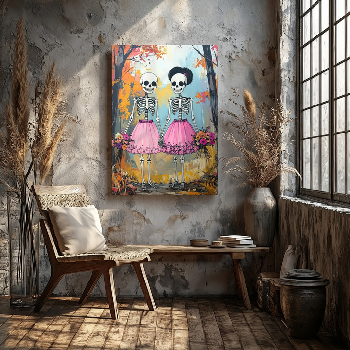 Skeleton Couple in Pink Skirts Canvas – Romantic Fall Halloween Portrait Art - Gifitto