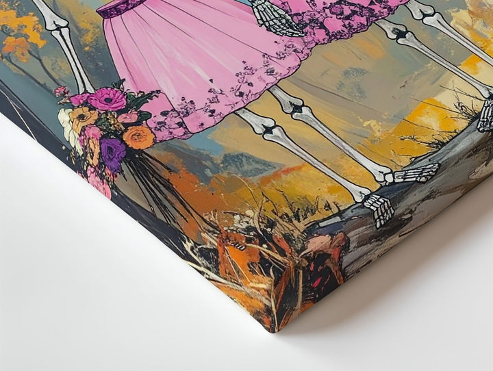 Skeleton Couple in Pink Skirts Canvas – Romantic Fall Halloween Portrait Art - Gifitto