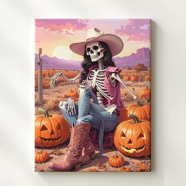Skeleton Cowgirl Sunset Canvas – Rustic Halloween Art with Pumpkins - Gifitto