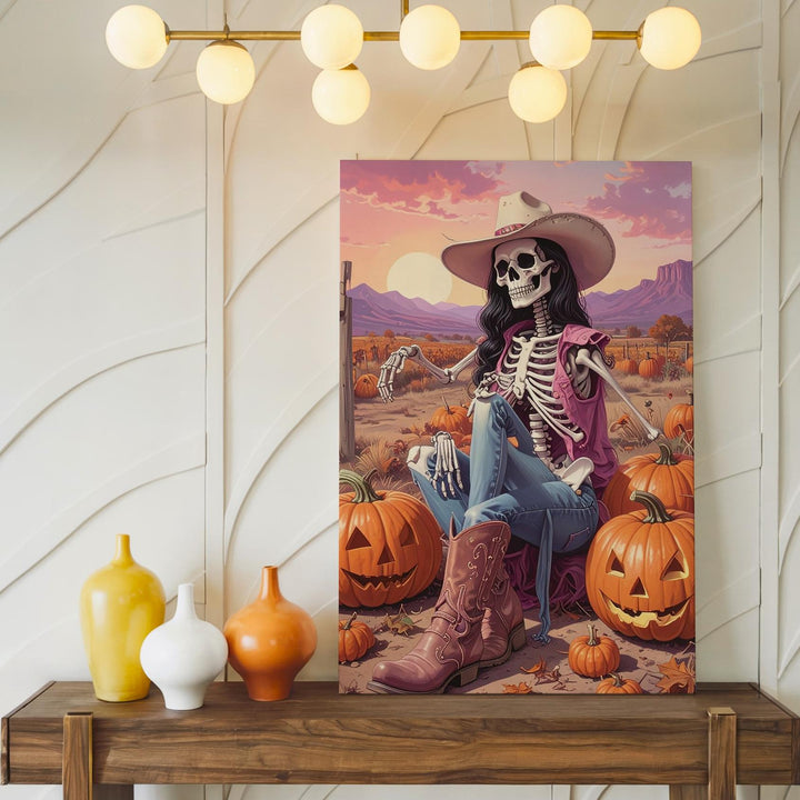 Skeleton Cowgirl Sunset Canvas – Rustic Halloween Art with Pumpkins - Gifitto