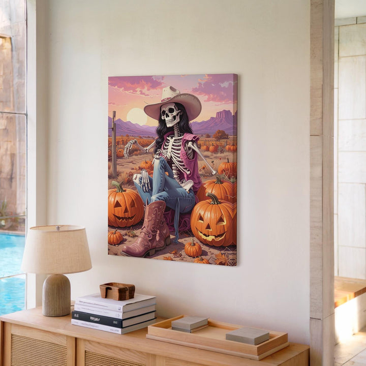 Skeleton Cowgirl Sunset Canvas – Rustic Halloween Art with Pumpkins - Gifitto