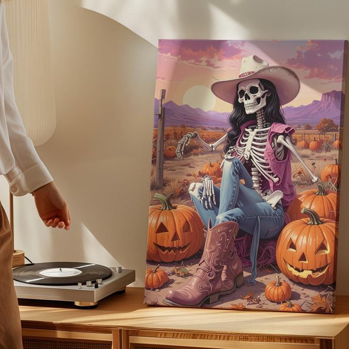 Skeleton Cowgirl Sunset Canvas – Rustic Halloween Art with Pumpkins - Gifitto