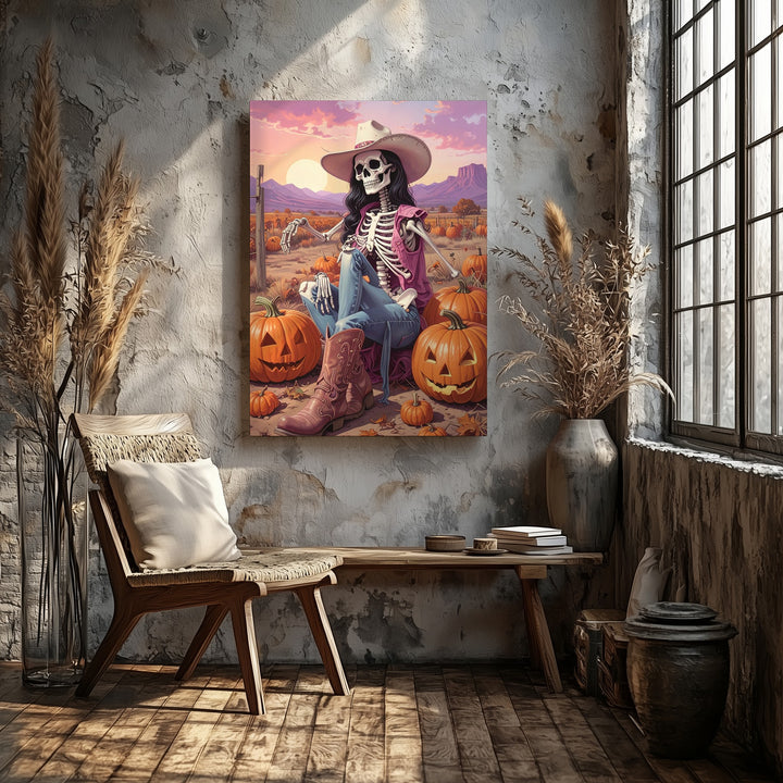 Skeleton Cowgirl Sunset Canvas – Rustic Halloween Art with Pumpkins - Gifitto