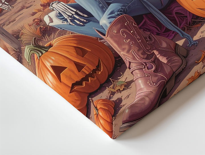 Skeleton Cowgirl Sunset Canvas – Rustic Halloween Art with Pumpkins - Gifitto