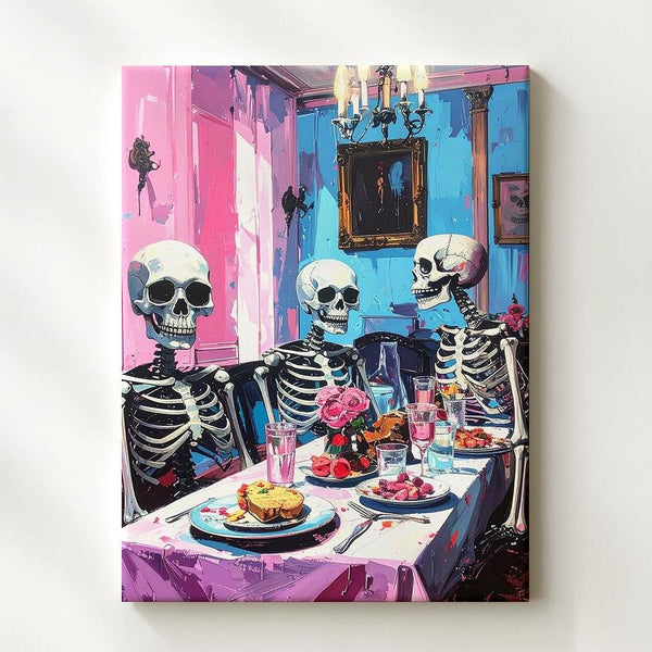 Skeleton Dinner Party Canvas – Pastel Afterlife Humor Wall Art - Gifitto