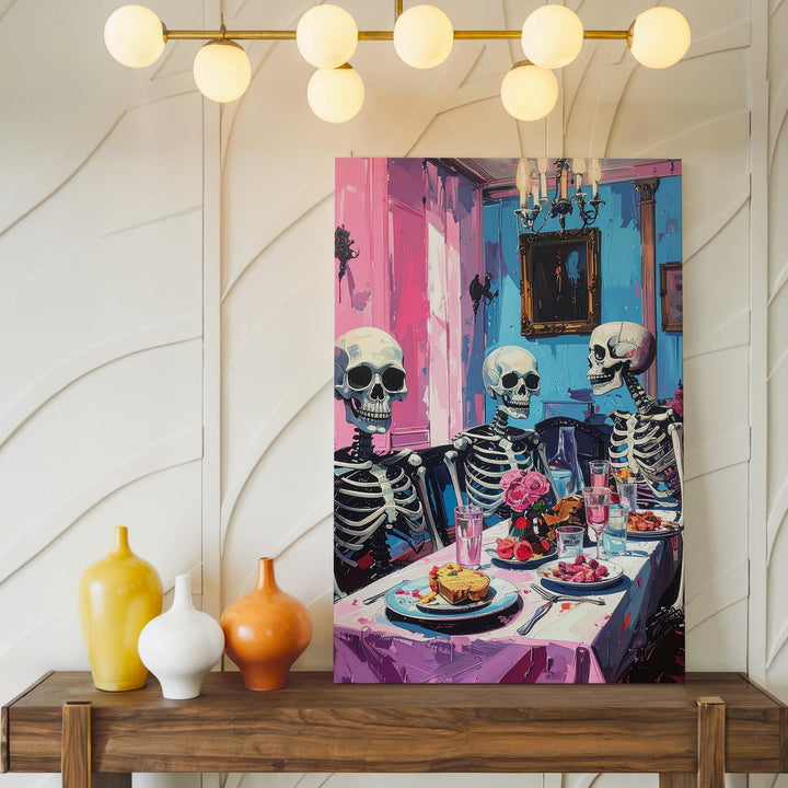 Skeleton Dinner Party Canvas – Pastel Afterlife Humor Wall Art - Gifitto