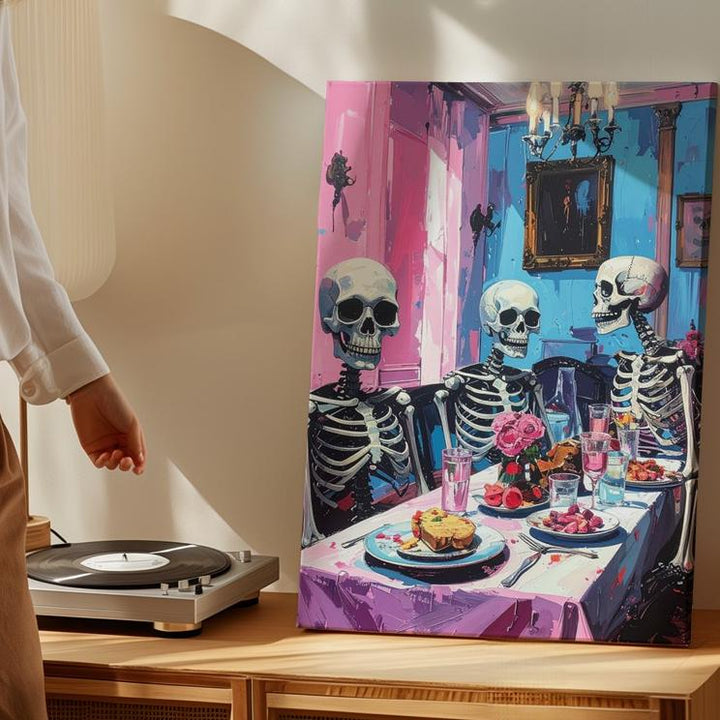 Skeleton Dinner Party Canvas – Pastel Afterlife Humor Wall Art - Gifitto