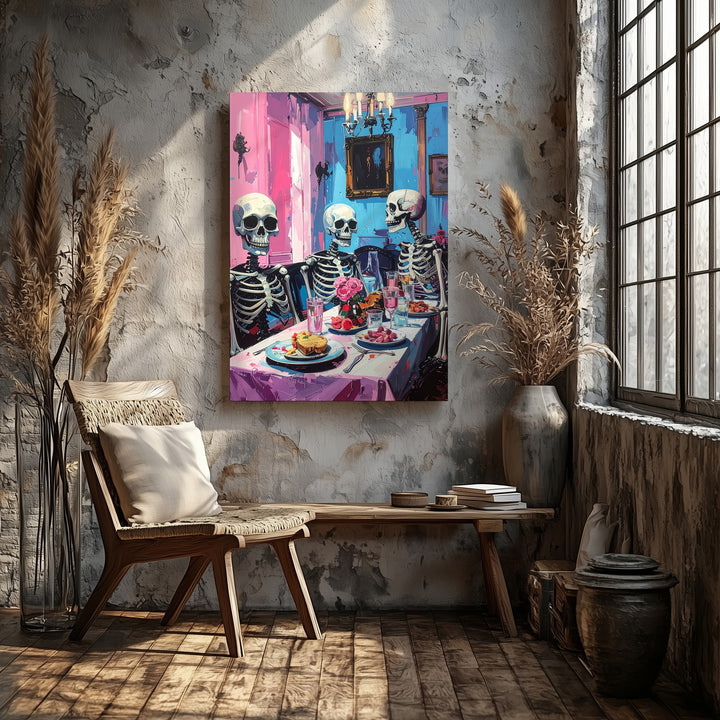 Skeleton Dinner Party Canvas – Pastel Afterlife Humor Wall Art - Gifitto