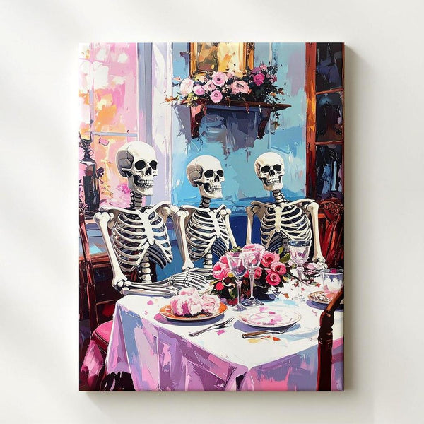 Vintage Skeleton Family Canvas – Formal Table & Autumn Light Art - Gifitto