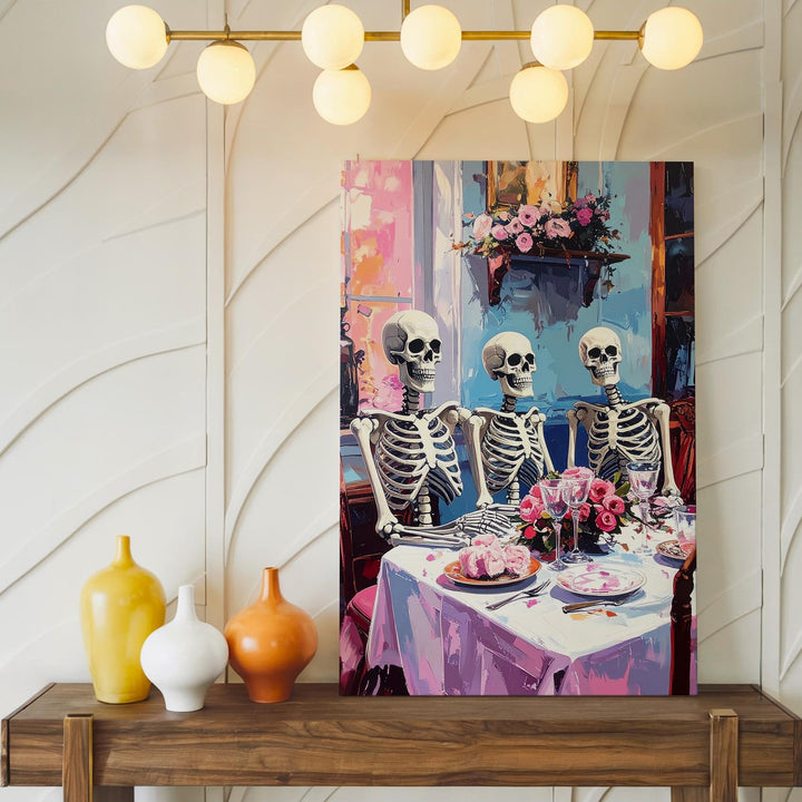 Vintage Skeleton Family Canvas – Formal Table & Autumn Light Art - Gifitto