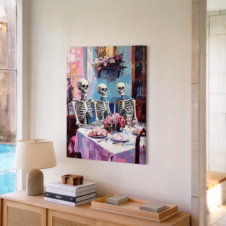 Vintage Skeleton Family Canvas – Formal Table & Autumn Light Art - Gifitto
