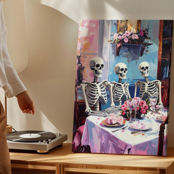 Vintage Skeleton Family Canvas – Formal Table & Autumn Light Art - Gifitto