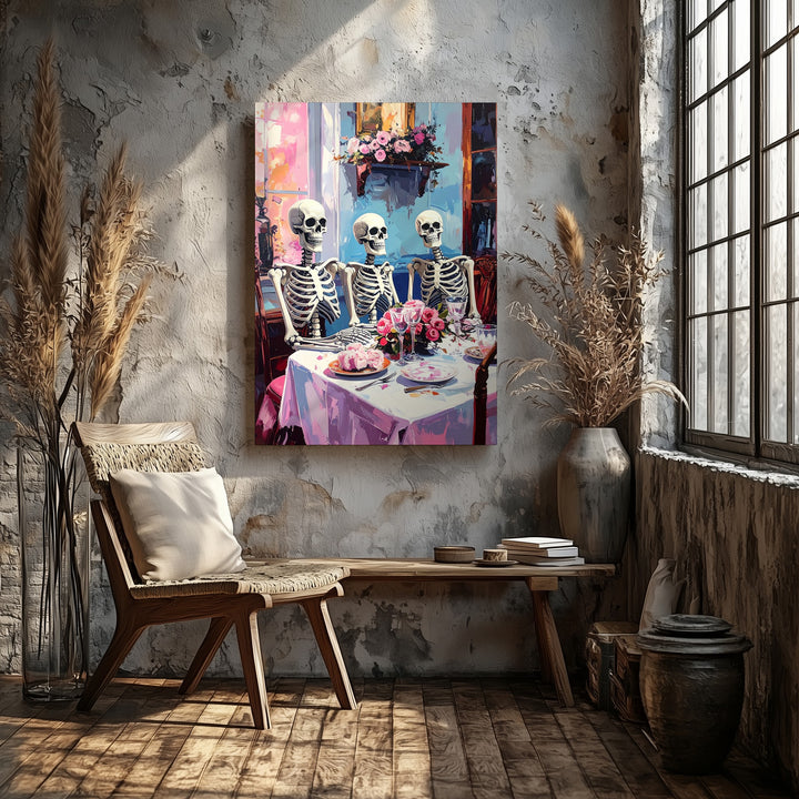 Vintage Skeleton Family Canvas – Formal Table & Autumn Light Art - Gifitto